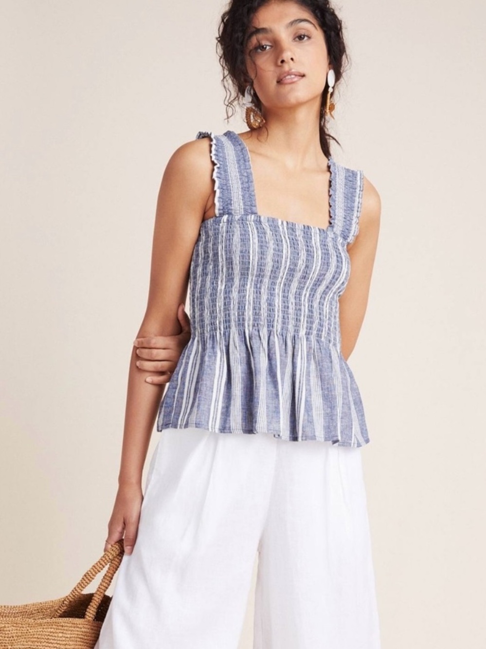 Maeve By Anthropologie Schuyler Smocked Linen Blend Peplum Cottagecore Top